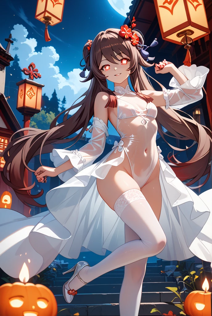 (masterpiece:1.2), (best quality), (ultra detailed), (8k, 4k, intricate),(full-body-shot:1), (highly detailed:1.2),(detailed face:1.2), (detailed background),detailed landscape, ((portrait)), (dynamic pose:1.2) dawn pokemon, long hair, blue eyes, dark blue hair, beanie, hairpin, 1girl, ((solo)), breasts, looking at viewer, smile, open mouth, blue eyes, brown hair, shirt, ribbon, jewelry, medium breasts, white bra, white panties, nsfw, collarbone, hair ribbon, cowboy shot, hairband, bracelet, red ribbon, hand on hip, index finger raised, poke ball, red hairband, poke ball (basic), bow hairband,