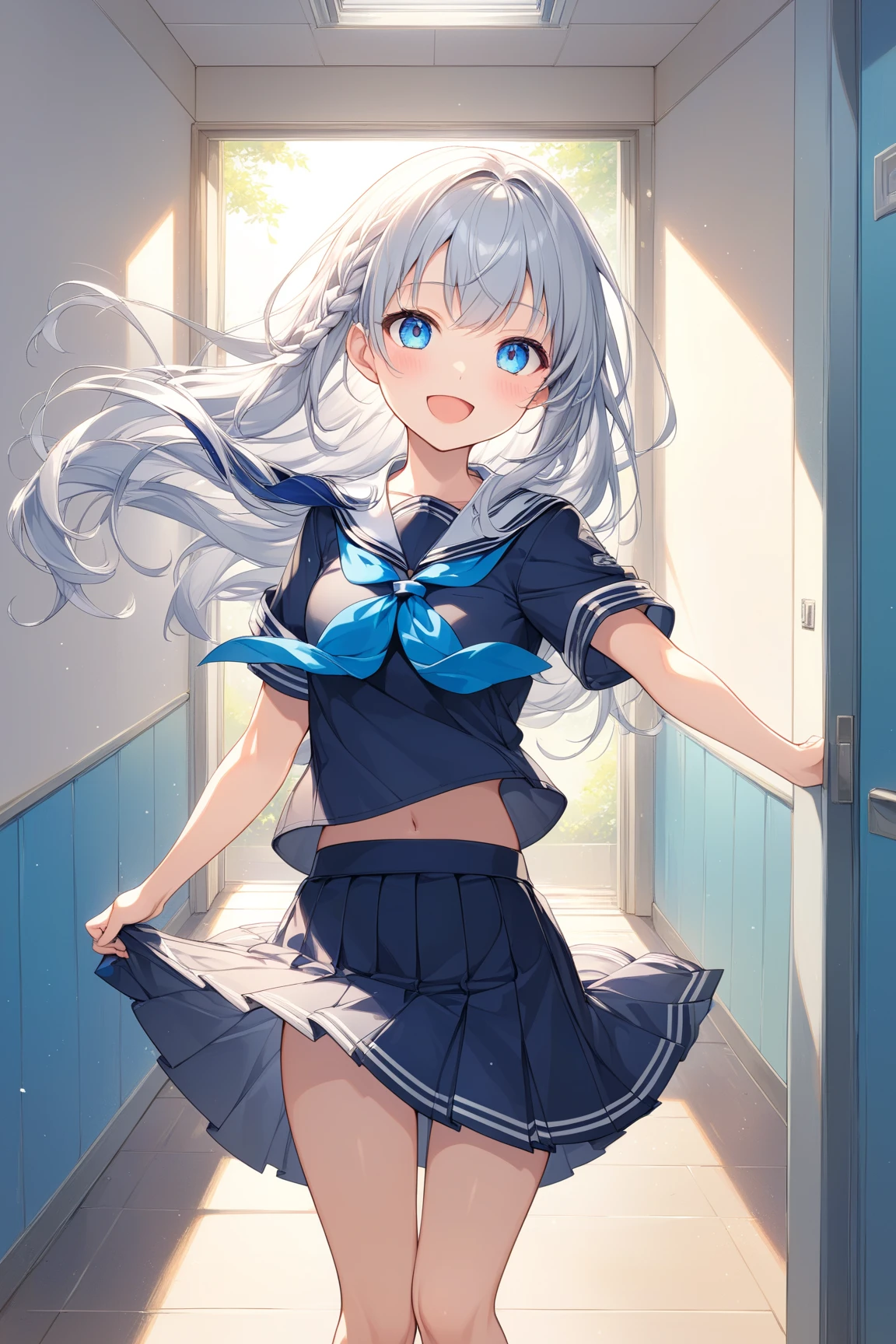 white hair girl. sky blue eyes. teenager girl. she's 18 years old. white school uniform. school. classroom. sunlight. evening. ultrasharp. 8k. masterpiece. nsfw content