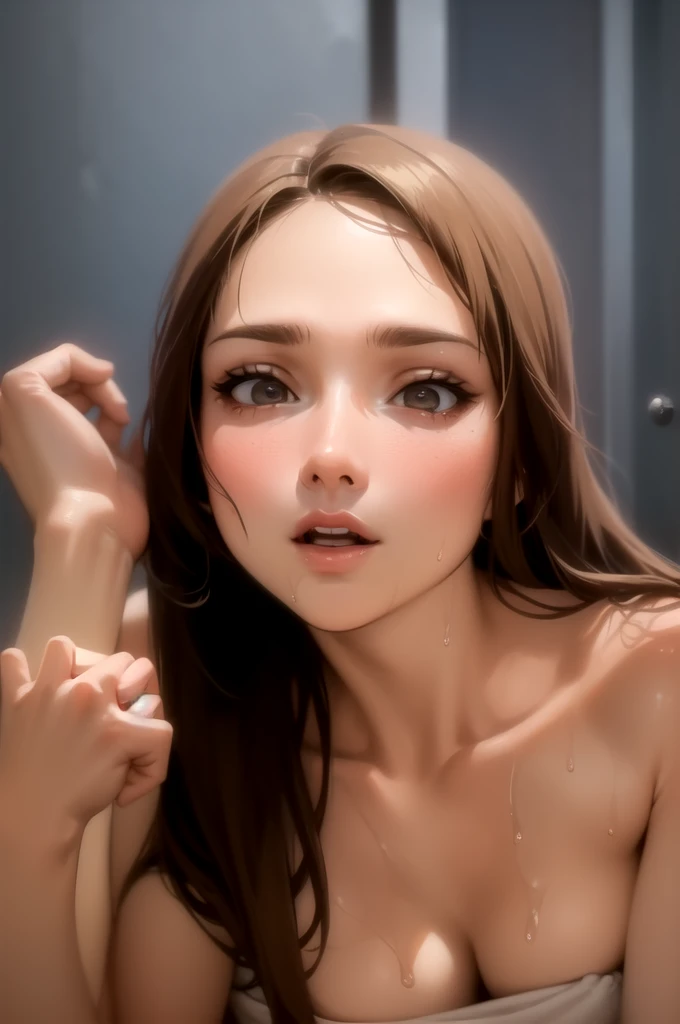 NSFW,((1 boy,fellatio,How:1.2)),((How on facial:1.3)),(Best Quality,High resolution,8k,finelity detailed background,Masterpiece:1.2),shoot from side,beautiful girl,Shiny brown hair,messy hair,Beautiful brown eyes,Best quality,,Aesthetic and aesthetic:1.2,Best details((Super detailed))(High-definition CG illustrations),Big Breasts,cute,cute,Looking up,blush,NUDE,on the bed,(nsfw:1.2), (How:1.5), (sweat:1.2), (steam:1.1)