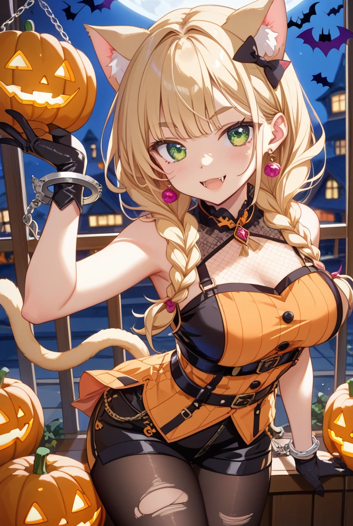 1 girl, game CG, plain black T-shirt, white short skirt, hair scrunchie, gigantic breasts, blonde, middle hair, side ponytail, green eyes, night, amusement park, Halloween background, smile,