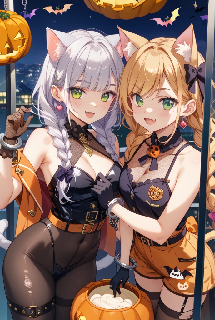 ((highest quality)), ((masterpiece)), (be familiar with), (High definition), 8K, Perfect Face、2Women、Two blonde women with cat ears、((The two are sitting on chairs and eating grilled fish skewers.))、(Fish on a skewer:1.1), (draft beer)、(draft beer)、(draft beer)、((未来的なFood Stall Street))、(Resting after the fight)、(smile:1.1)、tall、2 Blonde cat ears、2. Long Hair、2. Volumetric hair style、Large Breasts、Narrow waist、Big Ass、glamorous、Alluring、Bikini Protector、Armor、combat suit、Combat Boots、Cinematic、Best Shadow、Side lighting、NEO TOKYO、(Bustling night market)、Food Stall Street、(Bust Shot)、((Close-up of face))