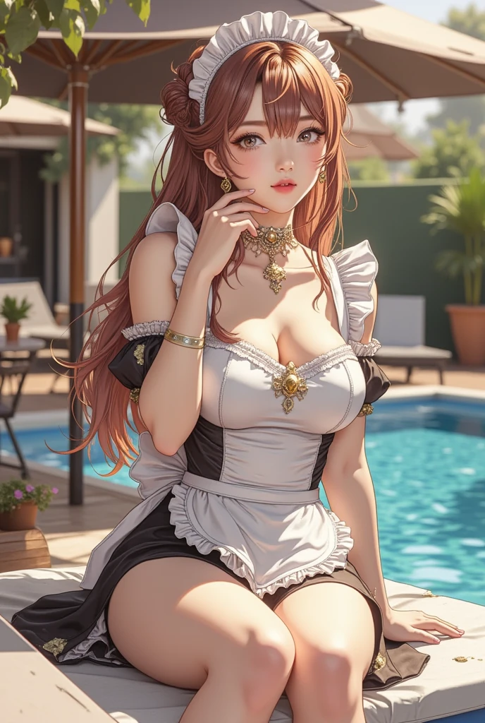 (Hi-Res), (absurderes), (top-quality), (hightquality), (masterpiece), 1girl in, Asuna, blue eyess, length hair, The halo, Hair above one eye, Very long hair, ligh brown hair, (large full breasts), Hair Ribbon, Maids, Maid Headdress, pinafore, frilld, frilled apron,shortsleeves, white glove, red blush ,1 girl, Large breasts, cleavage, Facing the audience, Very big, (Large valleys), (large sagging breasts), in hotel, Sexy, Glamorous, Body wet with white liquid ,in poolside,Cowboy Shot Stockings,Cow print micro bikini
,Lie down,Lying on your back,Shooting from above,stockings