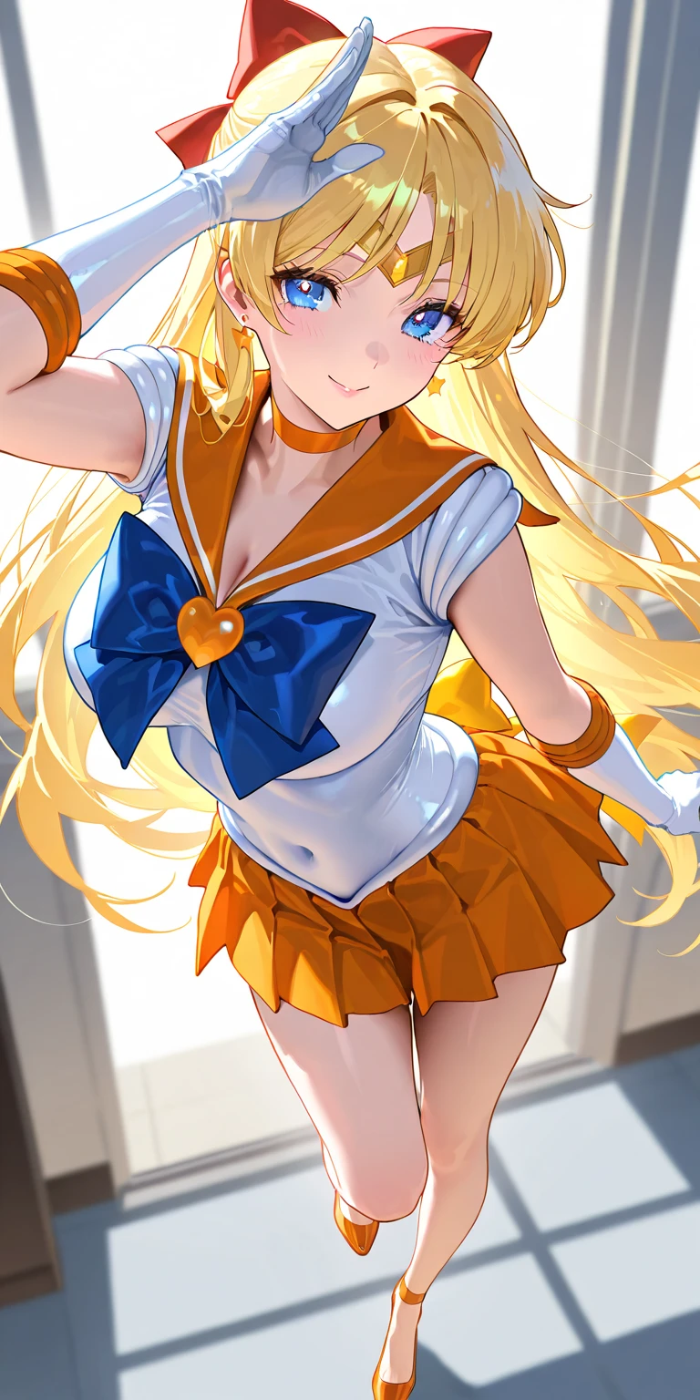 Sailor Senshi Uniform、an anime girl、Mature girls、14-year-old woman、solo、Orange Choker、Golden Choker、skirt、bow、sailorvenus、magical little girl、Very long blonde woman、Blue-eyed woman、red_bow、rating:safe、Orange skirt、Golden skirt、Orange sailor collar、Golden sailor collar、purple bowtie、back_bow、white glove、elbowgloves、jewelry、White leotard、highleg leotard、robe blanche、hair_bow、Half Up Hair、smile、open_mouth、Raising both arms、a miniskirt、pleatedskirt、circlet、violet_bow、cowboy_shot、blush、brooch、:d、Woman with very large breasts、huge tit、looking_at_viewer、Woman standing、cleavage、Leotila、耳Nipple Ring、heart、star、a miniskirt、pleatedskirt、arms_behind_head、Bare shoulders、bare legs、