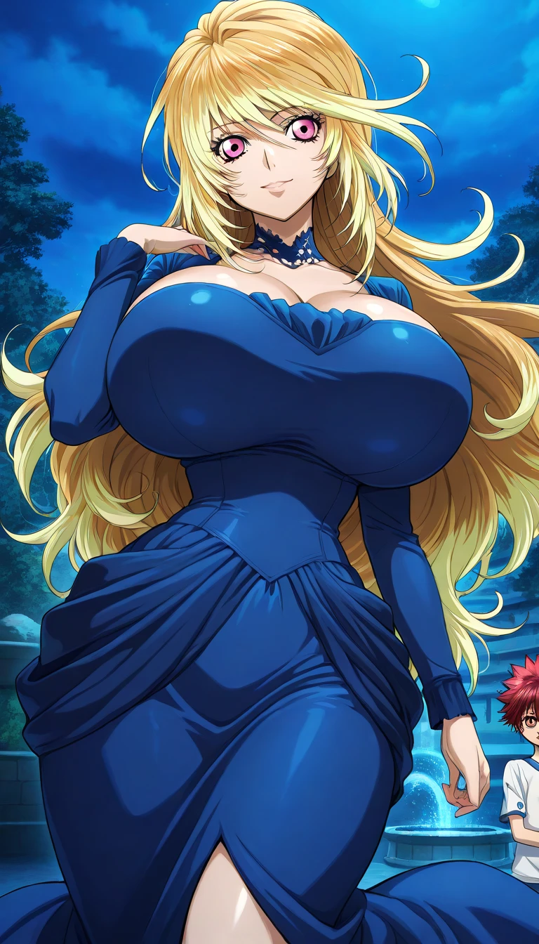 absurdres, (ultra-detailed), masterpiece, best quality, <lora:add_detail:0.6>, (lion girl, lion ears, lion mane, blonde, blonde hair, blue eyes, bangs, hair between eyes, long hair, red lips), (blonde, blonde hair:1.2), (elegant dress, blue dress, high heels, detached sleeves, pearl_bracelet, pearl_necklace, bead_bracelet, bead_necklace, beads, bare legs, collarbone), (1girl, solo, cleavage, shiny skin, curvy, thick thigs, wide hips, thin waist:1.2), (gigantic breasts, huge breasts, round breasts:1.35), <lora:HugeASSandBreasts:0.4>, <lora:gigantic_breasts:0.4>, (outdoors, landscape, sun, sun flare, fluffy clouds, mountains, tree, cliff, nature, blue sky), (standing, hand on own hip, high heels:1.2), 90s vibes, 1990s \(style\), <lora:90s_Vibe:0.45>
