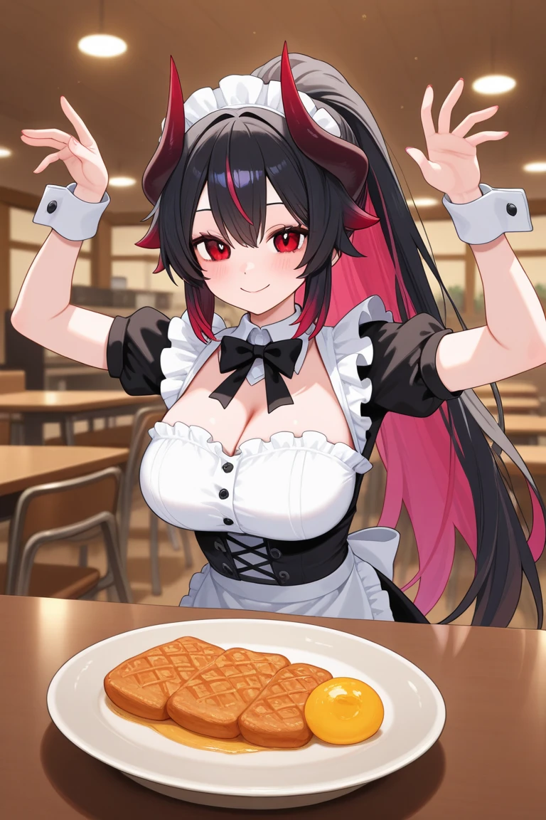 alone, One girl, Yunyun, (Embarrassed look:1.5)、(blush:1.5)、 (Cream on my cheekouth open、View your viewers, Crown braids of the same color as your hair, Red Eyes、hair ornaments, Hair Ribbon, Pink tie, Long sleeve, Pink Skirt, Knee socks, Cleavage, Sitting on a sofa in a cafe、Pancakes on the table