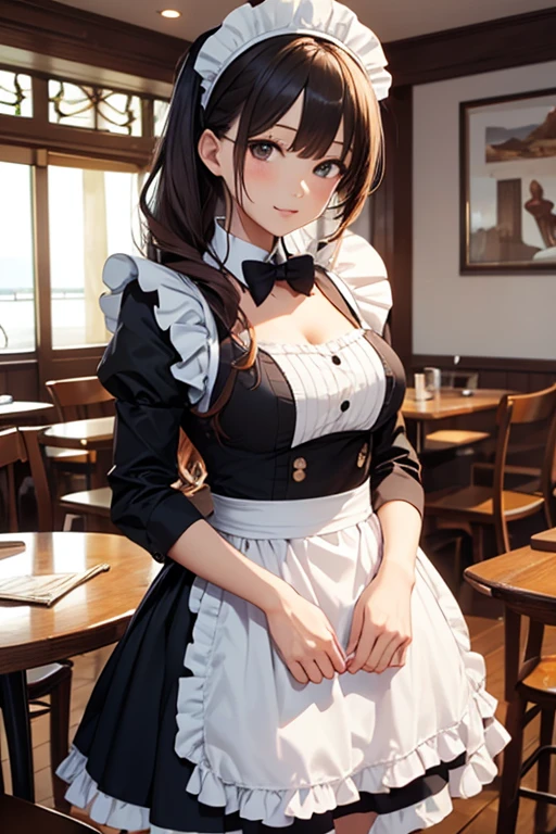 ((Best Quality:1.2, 8k, Sharp Focus, photo realistic:1.2, Masterpiece: 1.4, back Light, Ultimate Girl, Highly Detailed Facial Textures, Highly Detailed Facial Textures, detailed beauty makeup: 1.2, realistic skin, detailed eyes, detailed bangs)), ((waitress clothes)),(coffee shop background), head tilt, huge breast:1.2, light brown hair, Grinning ear to ear, from below