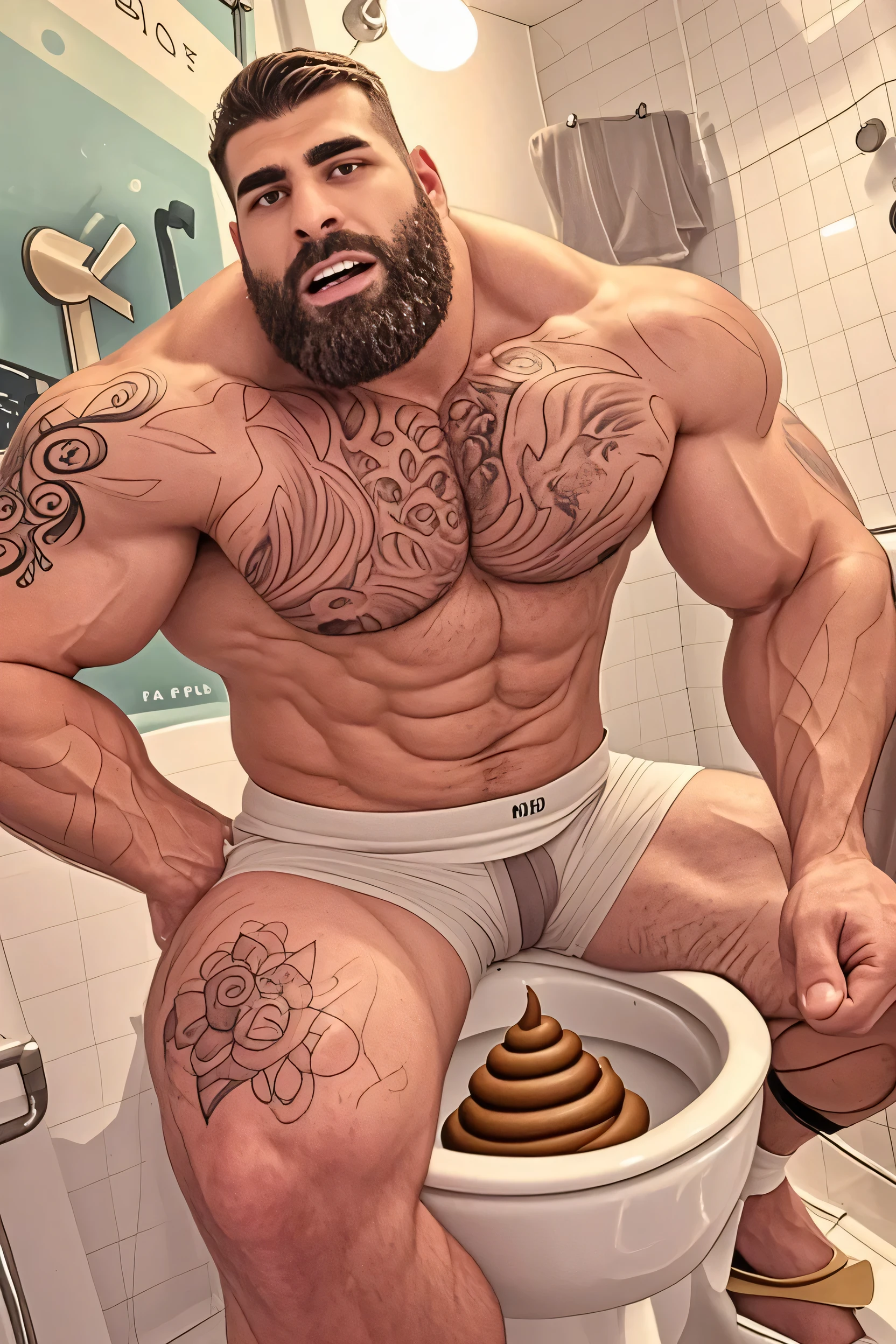 ((best quality)), ((masterpiece)), (detailed), perfect face, very hairy arab man, bright skin color, lots of armpit hair, lots of pubic hair, masturbating, ((big dick)), ((big balls)), (((lots of cum everywhere))), red tie