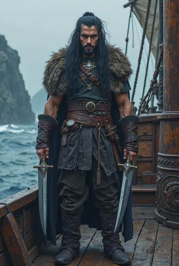 The image shows a man standing in water up to his thighs. He has a muscular build and is wearing a costume that includes a leather chest piece, a belt with a circular buckle, and what appears to be a skirt or loincloth. His arms are adorned with leather bracers, and he has a beard. The man's expression is serious, and he is looking directly at the camera. The background features a body of water with rocks and a clear sky with clouds, suggesting an outdoor, natural setting. The overall aesthetic of the image is dramatic and could be associated with a fantasy or historical theme.