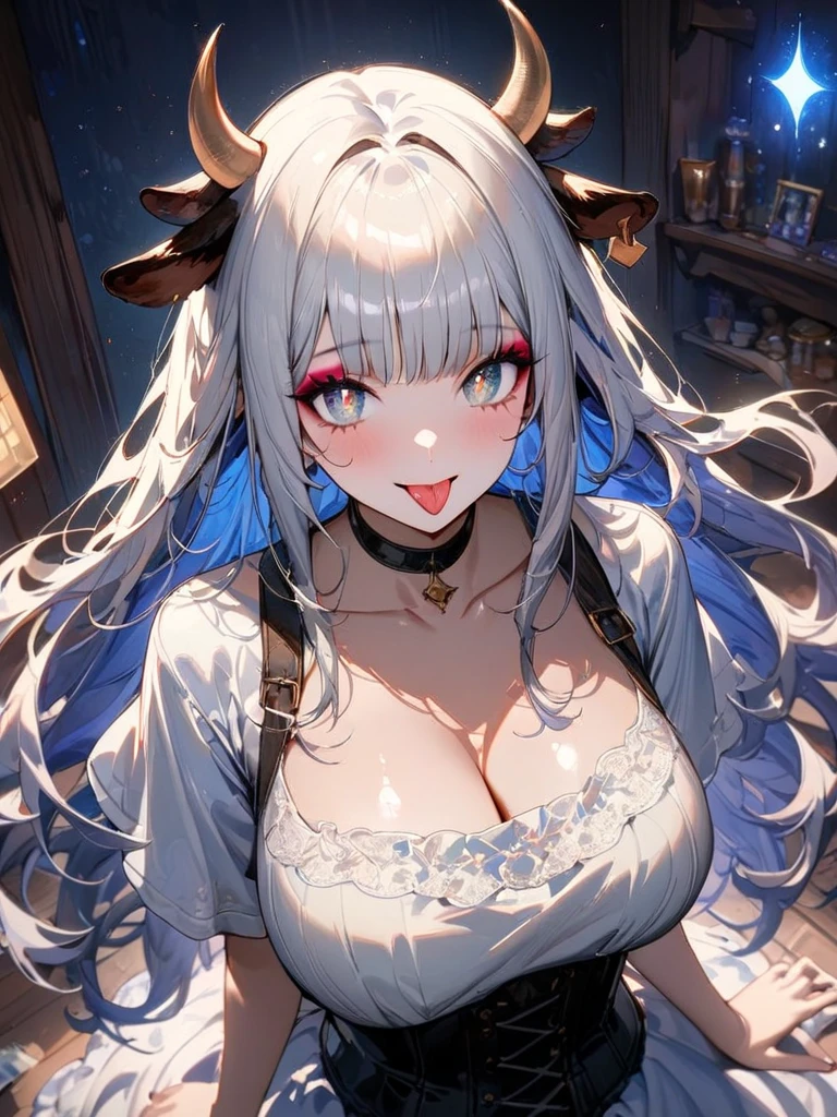 Highest quality High resolution One young and beautiful woman Red eyes Beautiful gray hair Medium Perm Cute Gentle Girl Cat ear Alluring nude black and white cow print underwear Dragon Girl Cosplay Fascinating maid outfit Breastfeeding services 驚異的な魅力を持つ童貞キラーのBig Tits Sexless Breast milk Breathtaking Incest Rut face Chubby Big Breasts Huge breasts Big Tits