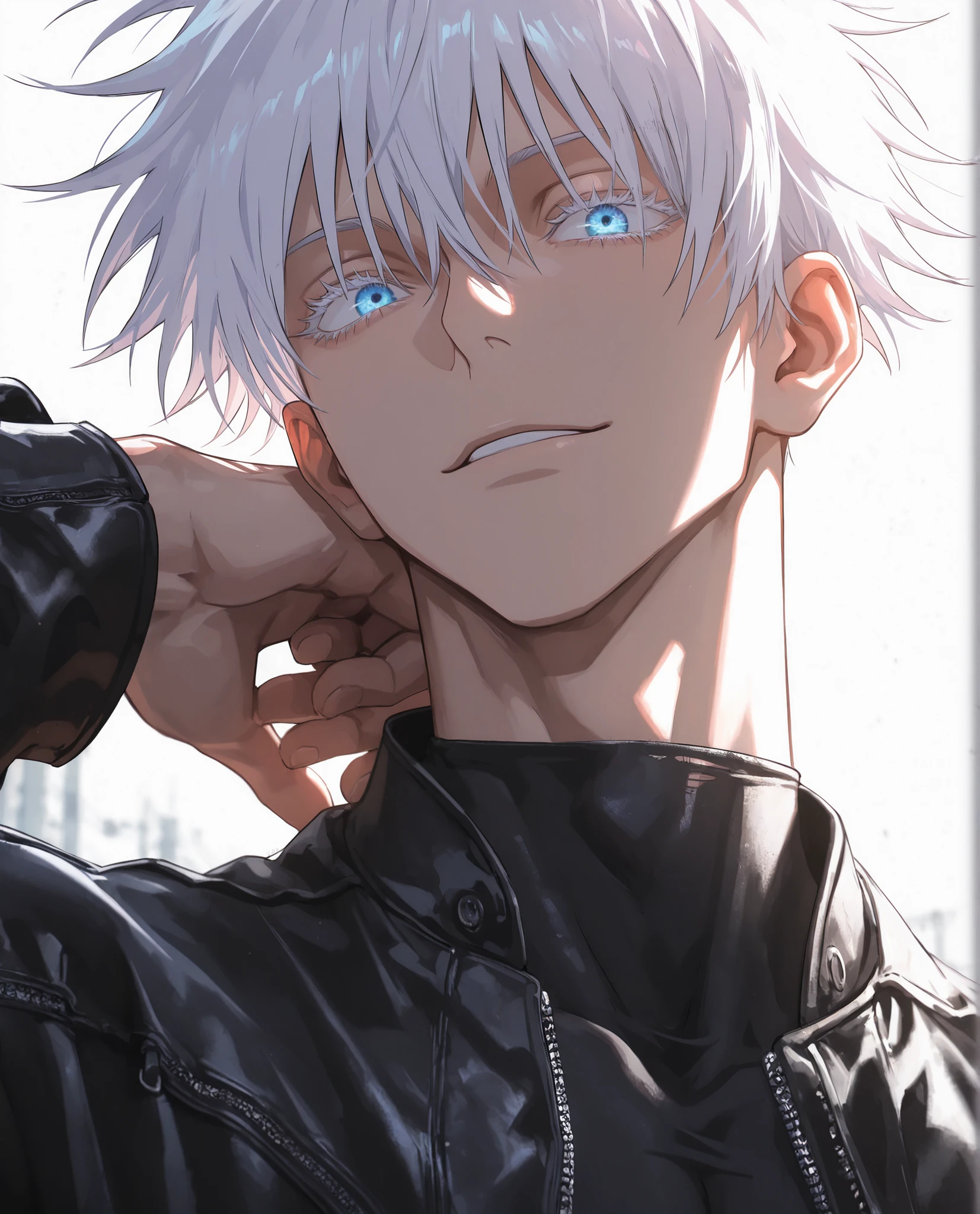 (masterpiece:1.2), (best quality:1.2), (very aesthetic:1.2), ,(newest),(highly detailed),(dynamic lighting),(cinematic lighting),1man, adult, male focus, gojou satoru, jujutsu kaisen, white hair, short hair, ((hair between eyes)), colored eyelashes, white eyelashes, blue eyes, intricate eye iris, detailed eyes, muscular male, sexy man, handsome man, handsome face,
,solo, cool_man_style, male cool clothes, cool fashion, intricate clothes, intricate accessories, intricate patterns, cool, stylish, compression shirt, black leather jacket, torn jeans, sneakers,  standing , upper body , (portrait), looking at forward,dynamic angle,cinematic lighting , cinematic angle, soft light , color detail, backlighting,long exposure,  intricate colors, vibrant colors, ,8K, UHD, abstract background, white background,  best quality, soft lines, clear details 