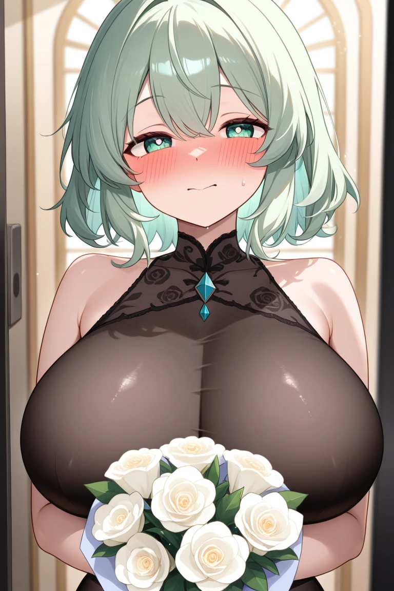 al haitham \(genshin impact\), al haitham \(morning star of love and hope\) \(genshin impact\), 1girl, huge breasts, looking at viewer, blush, smile, 1boy, cleavage, white wedding dress, hetero, dress, sweat, penis, bridal veil, tongue, solo focus, official alternate costume, naughty face, cum, huge breasts, pov, center opening, revealing clothes, cum on body, cum on breasts, bukkake, cum on face, facial, paizuri, (white choker), breasts squeezed together, white halter dress, collarbone, halterneck, uncensored, speed lines, motion blur, bouncing breasts, skindentation, cathedral at sunny day