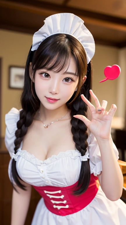 1 girl in、cute little、Twin-tailed、Sauce order、a baby face、a beauty girl、seductiv、About 20 years old、Panchira、Girl sitting、A sexy、Beautiful hair、Beautiful skin、Beautiful breasts、Bangs、with round face、Red Maid Outfit、Chest chiller、エロ、tits out、a smile、tongue