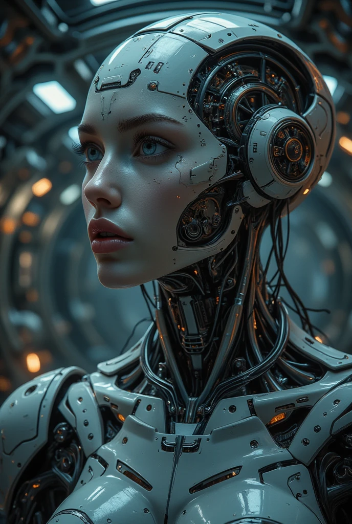 A bald cyborg Emma Watson, with loose wires, metallic skin, hoses, exposed torso, androidperson, mark brooks, david mann, robot brain, made of steel, hyperrealism, post-apocalyptic, mechanical parts, joints, mecha, j_sci-fi