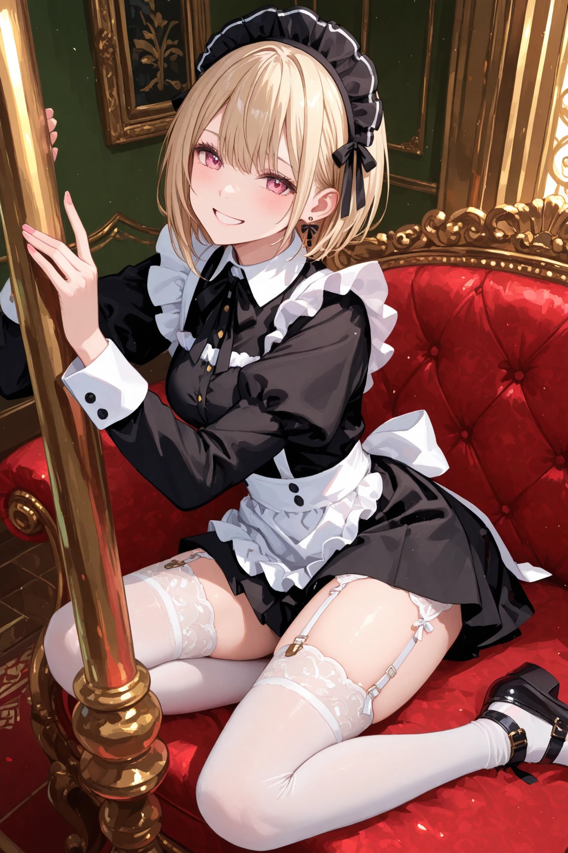 ,1girl,solo,maid_headdress,high_heel_boots,'(hair_over_one_eye),long_sleeves,high_heels,white_thighhighs,blonde_hair,frills,cross,knee_boots,yellow_eyes,juliet_sleeves,white_apron,braid,black_dress,looking_at_viewer,frilled_apron,puffy_sleeves,short_hair,white_ribbon,garter_straps,small_breasts,bangs,white_footwear,maid_apron,collar,cross-laced_footwear,