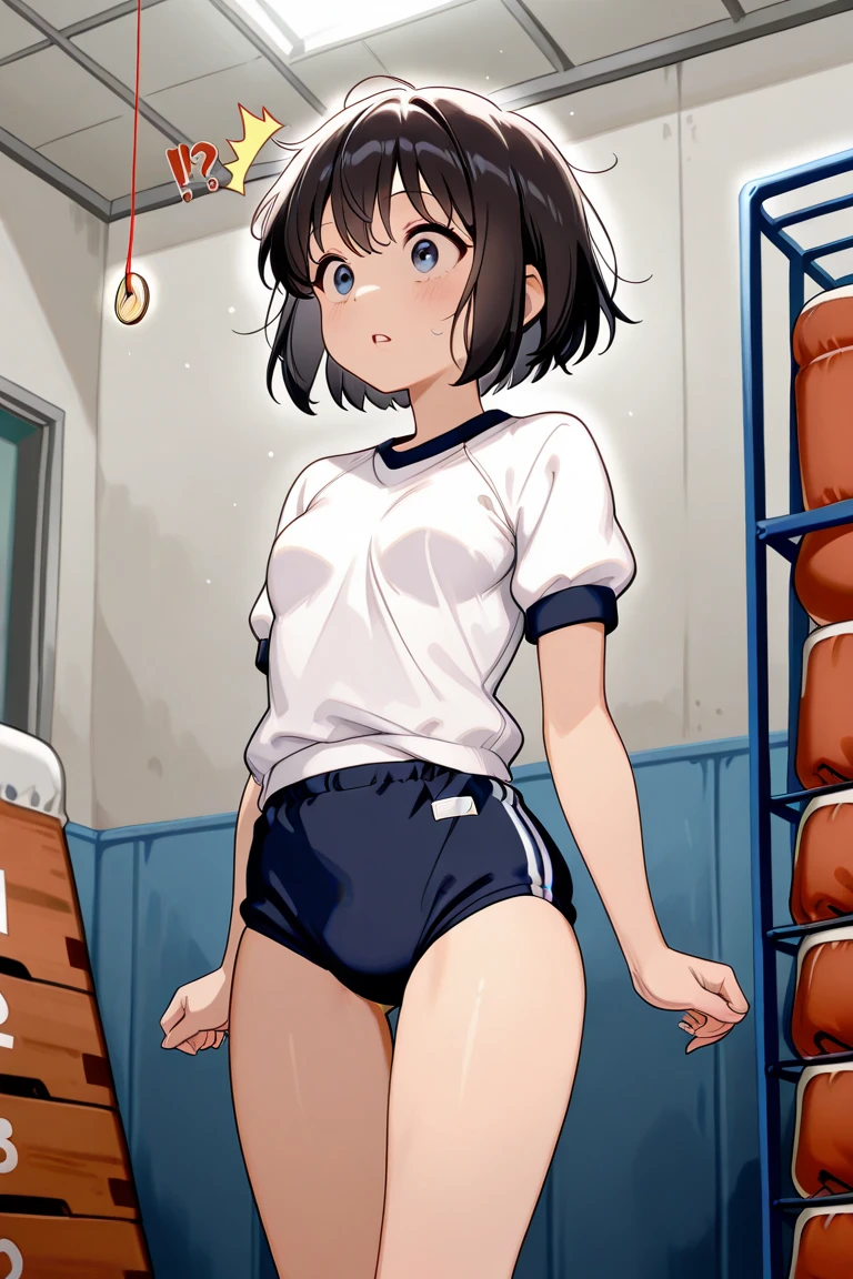 ((open legs))、Cross-legged、floorにsit女の子、Cross-leggedをかいてsquat女の子、squat、physical education sitting、sit、Crouching、floor、gym storeroom, bob cut、short cut hair、black hair、brown eyes, straight hair、13 year old girl、clenched fist、white panties、white gym uniform、Panty peek, good, Wet, from below、Folded gym clothes、topless、small breasts、embarrassing