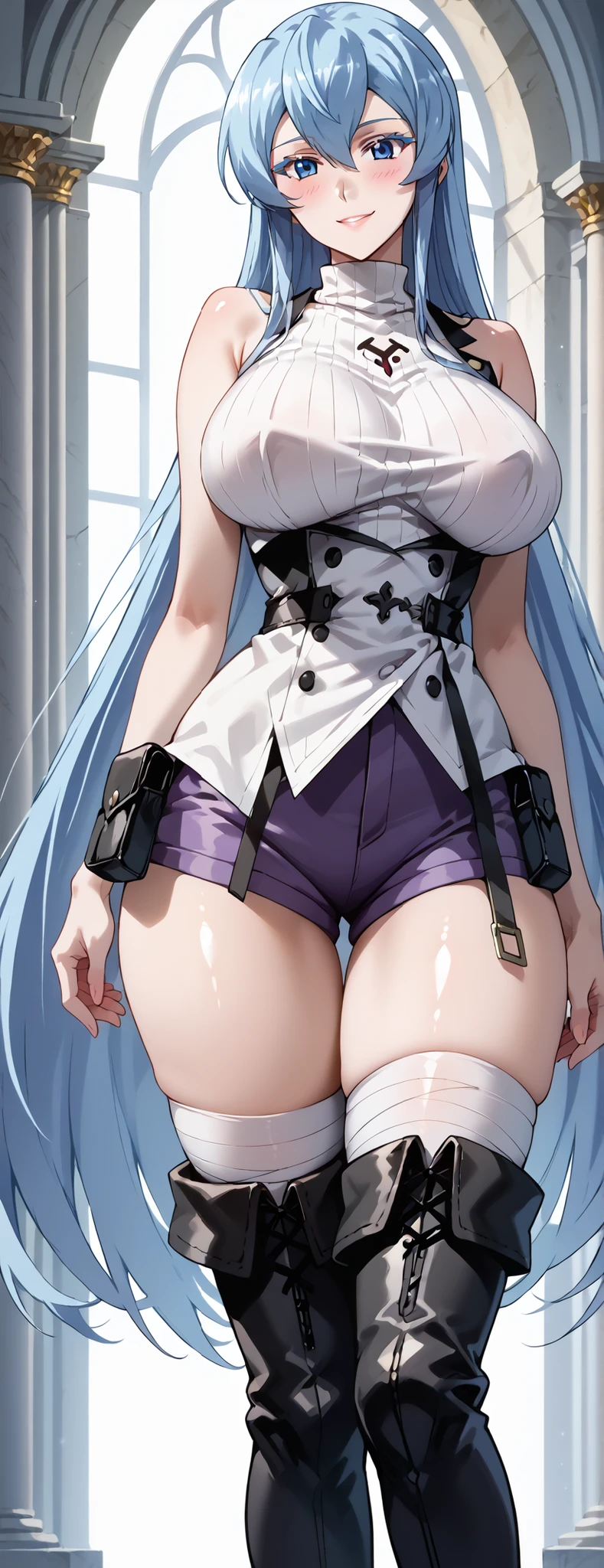 (masterpiece, 最high quality, high quality, super detailed, 8k), expensive body, expensive, long toned legs, mature female, mature, adult, It is_recommend_Akane, alone, 1 girl, outside, blue hair, medium hair, bangs, green eyes, sexy look, small breasts, beautiful breasts, beautiful curves, very sweaty body, white crop top, white t-shirt, elbow pads, black fingerless gloves, black suspenders, black mini skirt, black stockings