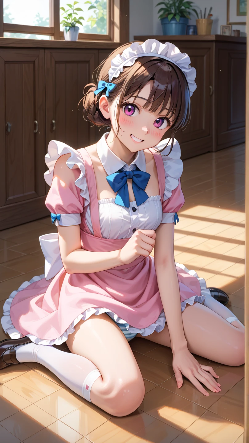A clumsy, cute maid in a fluffy white and pink maid outfit, tripping and falling on the floor with her bottom raised, skirt flipped up, revealing blue and white striped panties, embarrassed smile, looking at the viewer, soft lighting, detailed classic cafe background, no other people, no male hands, high quality, anime style, masterpiece, best quality