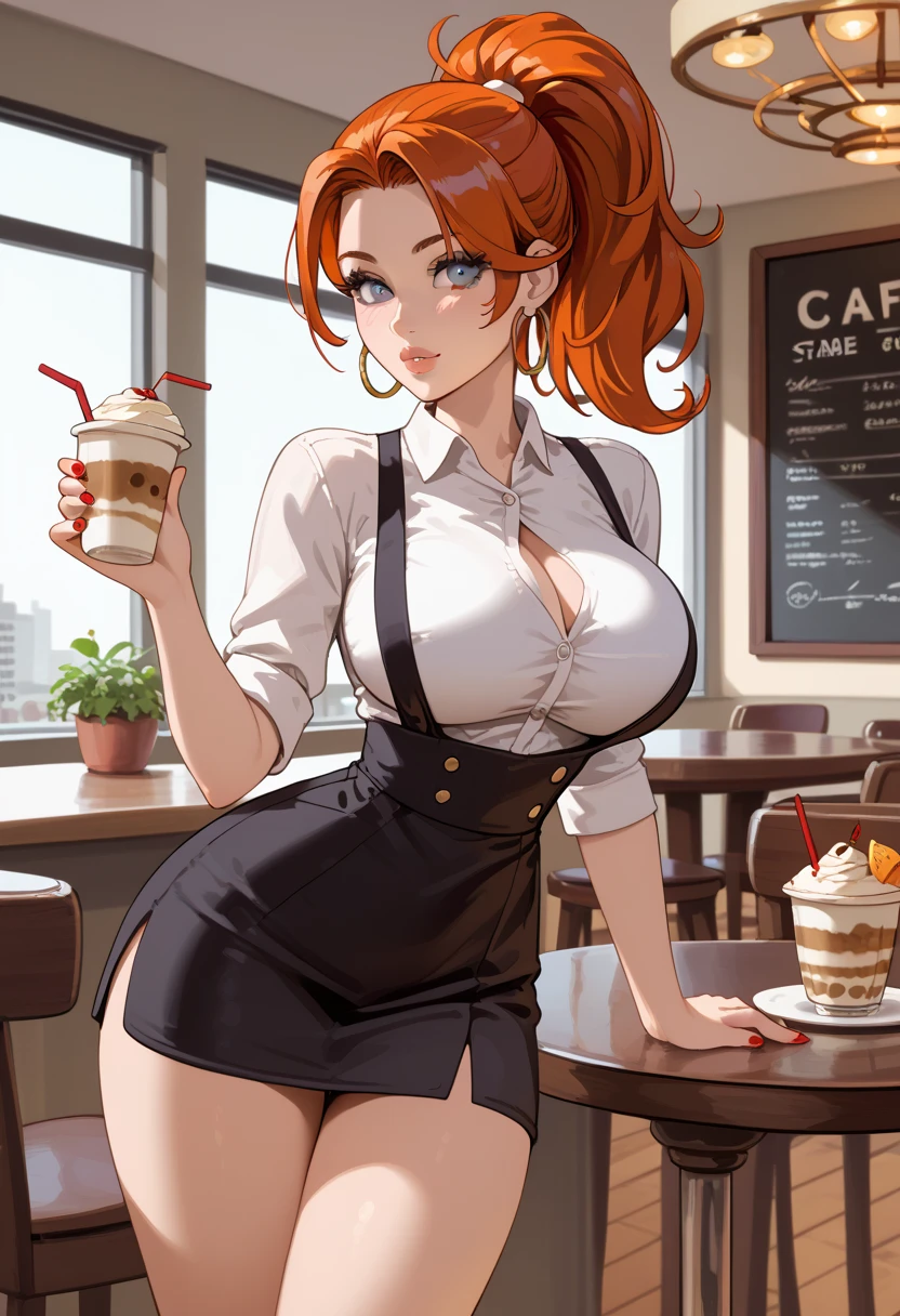 1girl in, Solo, Nakano Yotsuba, Orange hair, Hair Bow, (green bowtie), (Naked:1.3), (White Apron), Large breasts, cleavage, thighs thighs thighs thighs, Cafe Background, (Blushing:1.3)