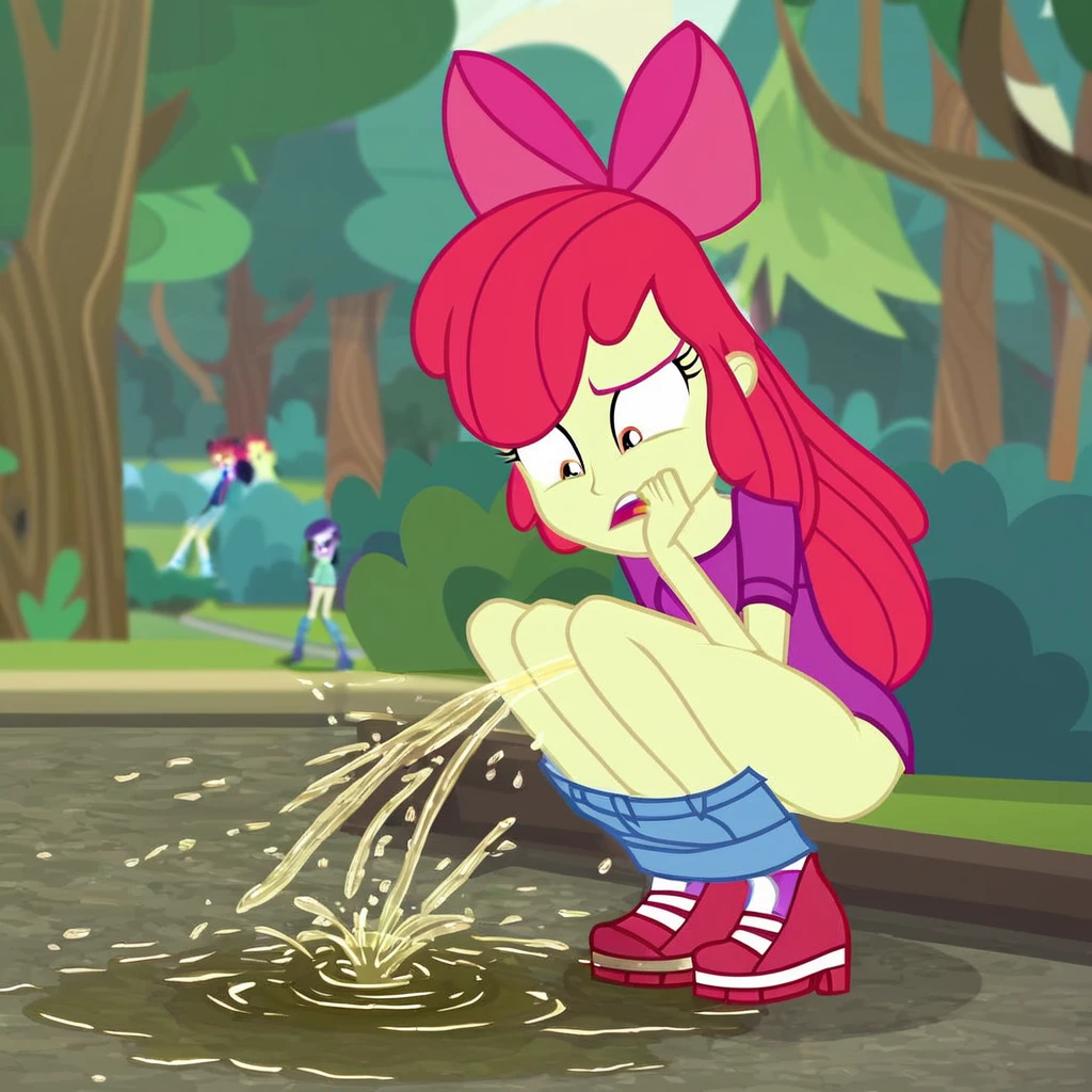 score_8, score_9, sharon, long hair, blonde hair, hairclip, braces, 1 girl, solo, jeans, ((wetting self, pee stains, urine running down legs, puddle, urine stream coming from crotch, urine particles)),(( looking down, full body, blushing, trembling))