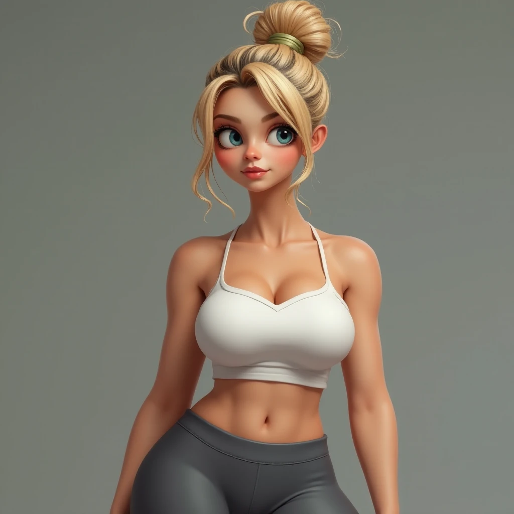 18 body(Medium breasts, Long blond hair in pig tails, beautiful green eyes, toned stomach, athletic);

