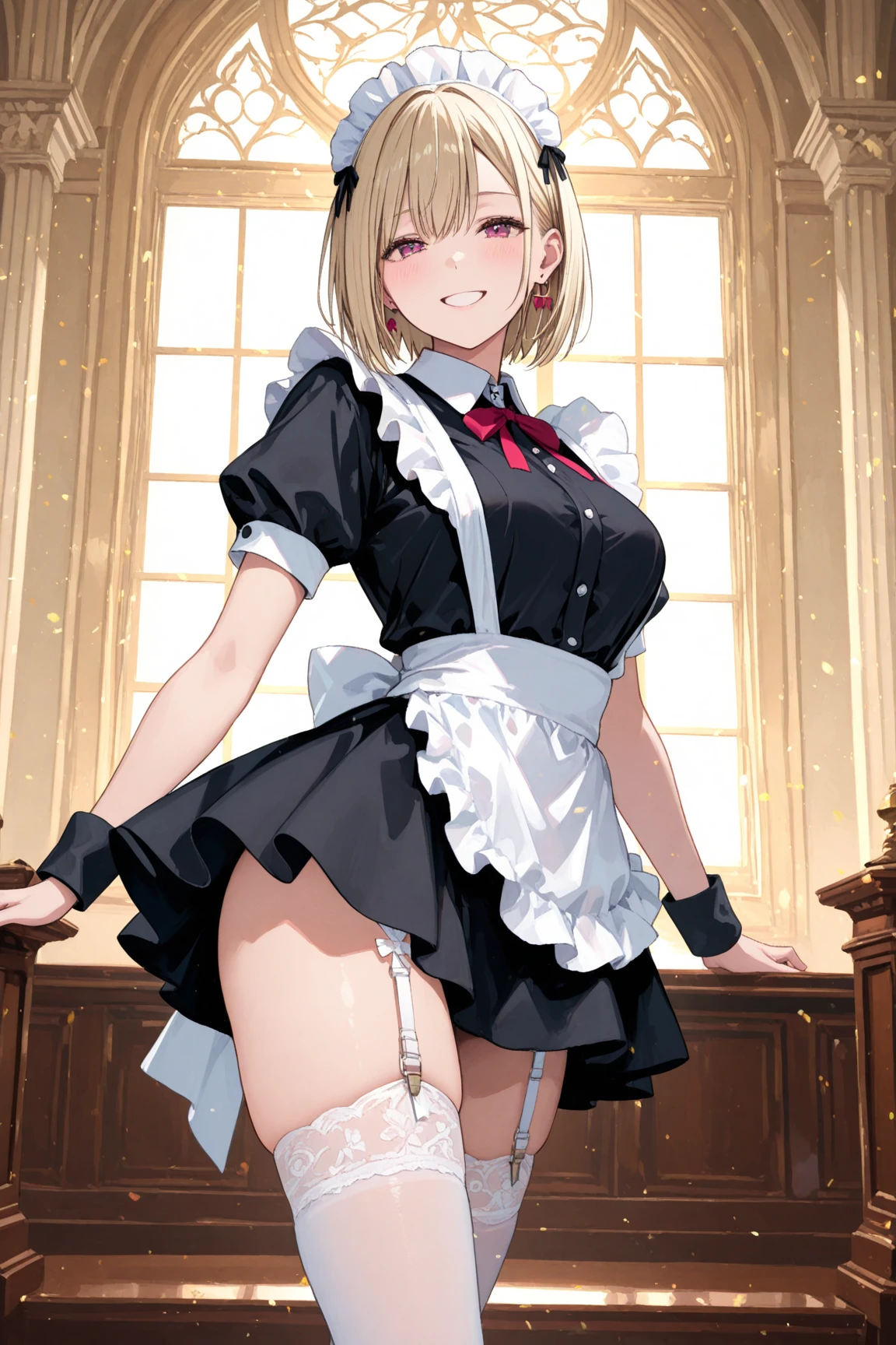 masterpiece, best quality, ultra detailed, ultra high resolution, very detailed face, (((solo))), anime, girl, (((maid uniform:1.2))), (((medium breast))), ((golden short hair)), ((good mood)), ((six pack abs:1.16)), in the large corridor