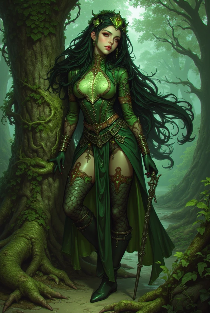 a tiefling druid with twisted horns and dark red skin, With bright, piercing eyes. She wears a robe of intertwined leaves and branches, with natural jewels embedded in her clothes. Her hair is jet black and she has a long, pointed tail that moves gracefully as she walks through the woods. In your hands, holds a scepter carved with ancient symbols and exudes a calm, serene energy that connects with the nature around her. This tiefling druid is wise and powerful, and protects creatures and forests with her natural magic and connection to the elements.