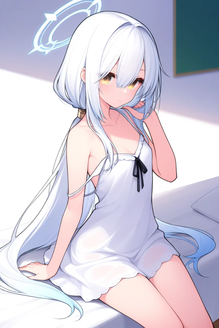 Girl with long thin white hair, White Skin Skin, Slim, beatiful face, little chest, In a thong and crop top, white sneakers, Squatting, splits legs