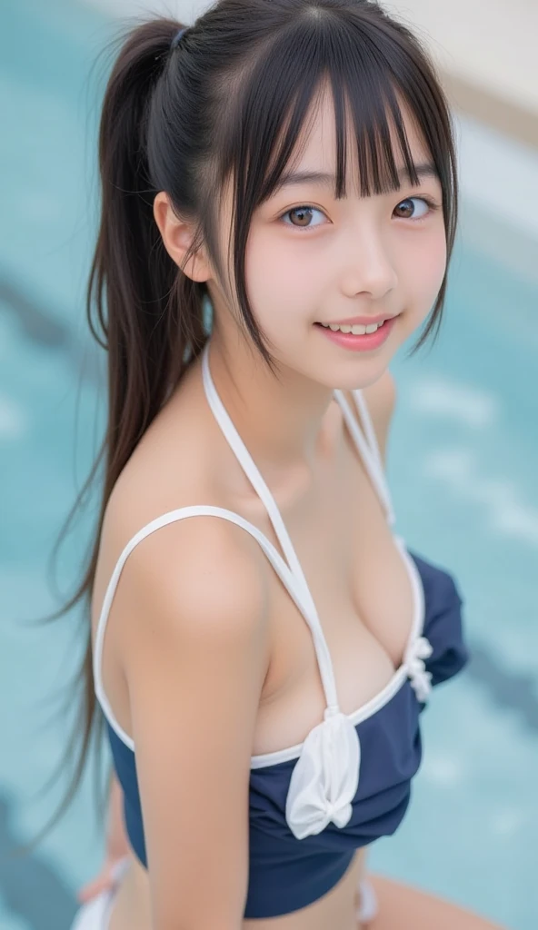 ((masterpiece)), ((best quality)), (ultra-detailed), anime style, pool, a cute girl, 1girl, solo, ((beautiful eyes)), smile, bikini00, beautiful blue hair