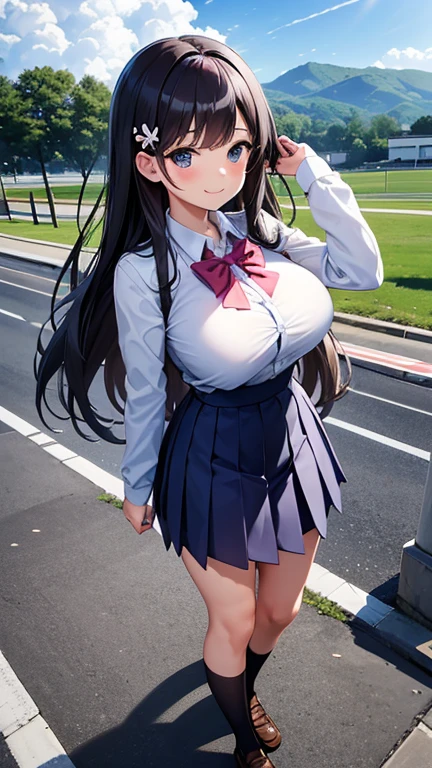 a 20 yo woman、Wet dress、large full breasts、biomechanical oppai, oppai proportions, Shy smile、 knee high stockings, Adult Woman, (cum in vaginas:1.3), Long Wave Hair、dark brown hair, a miniskirt, (shiny skins), Brown-eyed, Kamimei、Long Wave Hair、puffies、Stockings、up skirt、Puffy hips、Large earrings、a necklace、 (Stand in a motorsport race)+, sexy hips、Kamimei、Chest opening、Chest Emphasis Pose、a pale pink panty、Light pink lace bra