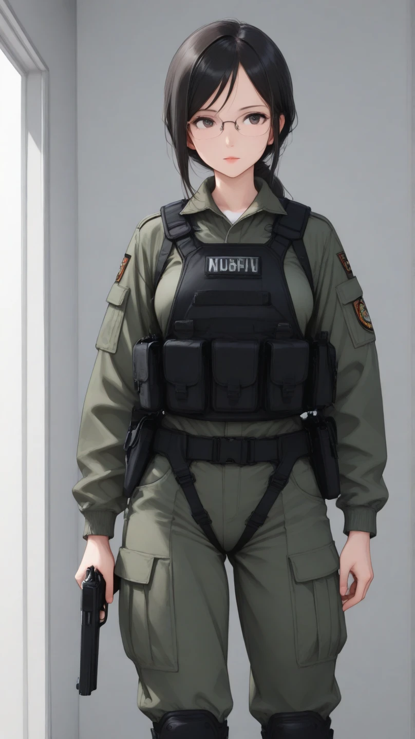 tmasterpiece, Best quality at best, A high resolution, dob1, long whitr hair, Animal ear, crop tops, brown gauntlets, midriff, black shirt, a black choker, Black pantsuit, Thick eyebrows, cowboy lens, standing on your feet, exteriors,pregnant belly,Pregnant belly
