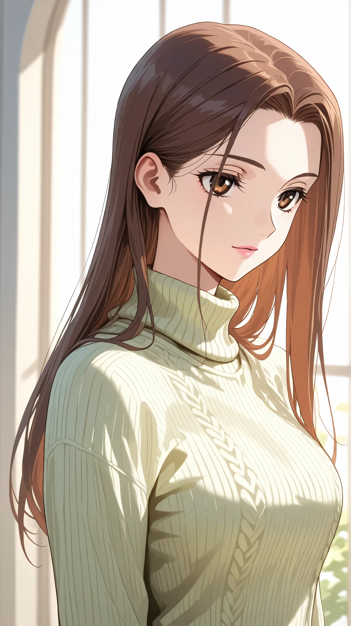 Girl, long straight brown hair, brown eyes, sharp, calm features, white skin, light pink lips, beautiful, perfect, elegant looking, wearing a sweater, sweater, bright colors, high quality resolution.