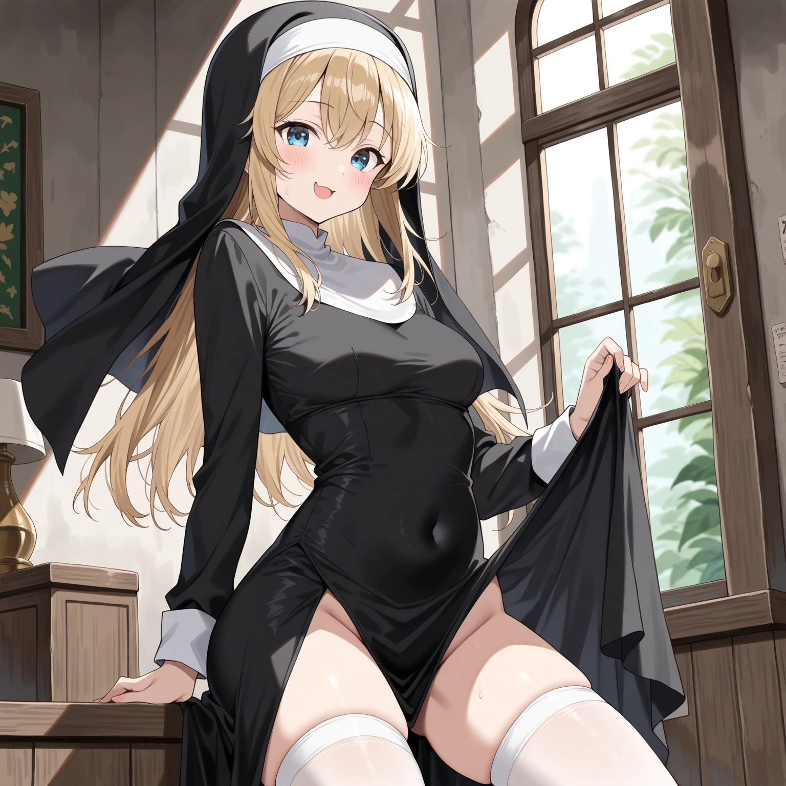nsfw, (masterpiece, top quality, best quality, highly detailed:1.6), extremely detailed CG unity 8k wallpaper, strong facial expression,(sharp eye:1.2), (scowl:1.1), (embarrassed,blush:1.3), (steam:1.1), (wet:1.1), (sweat:1.1), (trembling:1.3), (parted lips:1.4), (harf open eyes:1.4), (feeling weak:1.5), (1 woman, church, nun, long skirt:1.5), (shoot from front, looking at viewer:1.1), (standing, turn knees out, bend knees, skirt lift, show panties, panties, urination:1.5), colorful, full body, wide shot, perfect composition, (chrotch, pussy, urethra, panty, panties), (girl trembling with sexual climax), incontinence, piss, peeing self, A lot of pee, having an accident, pee running down legs, (((pee stream))), (pee puddle), wetting herself, pee stain, peeing, blush, trembling, embarrassed, (long hair,blonde hair, blonde public hair:1.5), large breasts, Yellow pee, ((leaking pee)), Shaking one's shoulders, Breaking a sweat on forehead, puddle of pee, Pee at your feet, Pee spread on the floor, Pee stains, Dripping pee between my legs, Feet wet from pee, Pee-covered feet, Pee at your feet, want to pee, about to pee, Full bladder, (Pee-soaked panties, Pee-soaked Shoes, Pee-soaked thigh-high socks), The limit of holding in pee, A big pee, Pleasant pee, a big puddle of urine at my feet, can't stand it and urinate, can't stand peeing, Non-stop peeing, Unstoppable peeing, can't make it to the toilet in time and I pee, A pleasant feeling of urination after holding it in to the limit, Pee spurting out of the urethra,