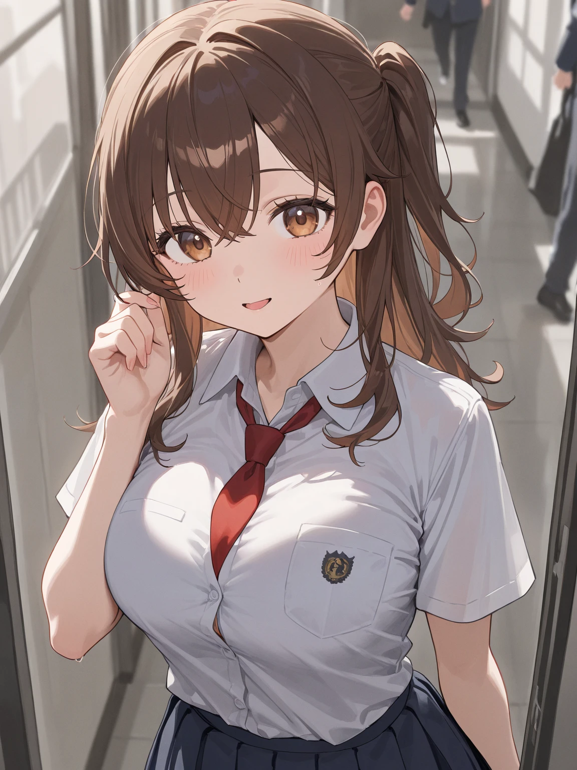 One girl, alone, Ultra high definition, face, Upper Body,Portraiture, Long Hair, ponytail, Shiny hair, Brunette, Amber Eyes, Beautiful breasts, (JK Uniform:1.2),Summer uniform, Short-sleeved uniform, Beautiful breasts, School, Embarrassing gesture, Blushing, Looking at the audience, 8K Ultra HD, Soft skin texture,