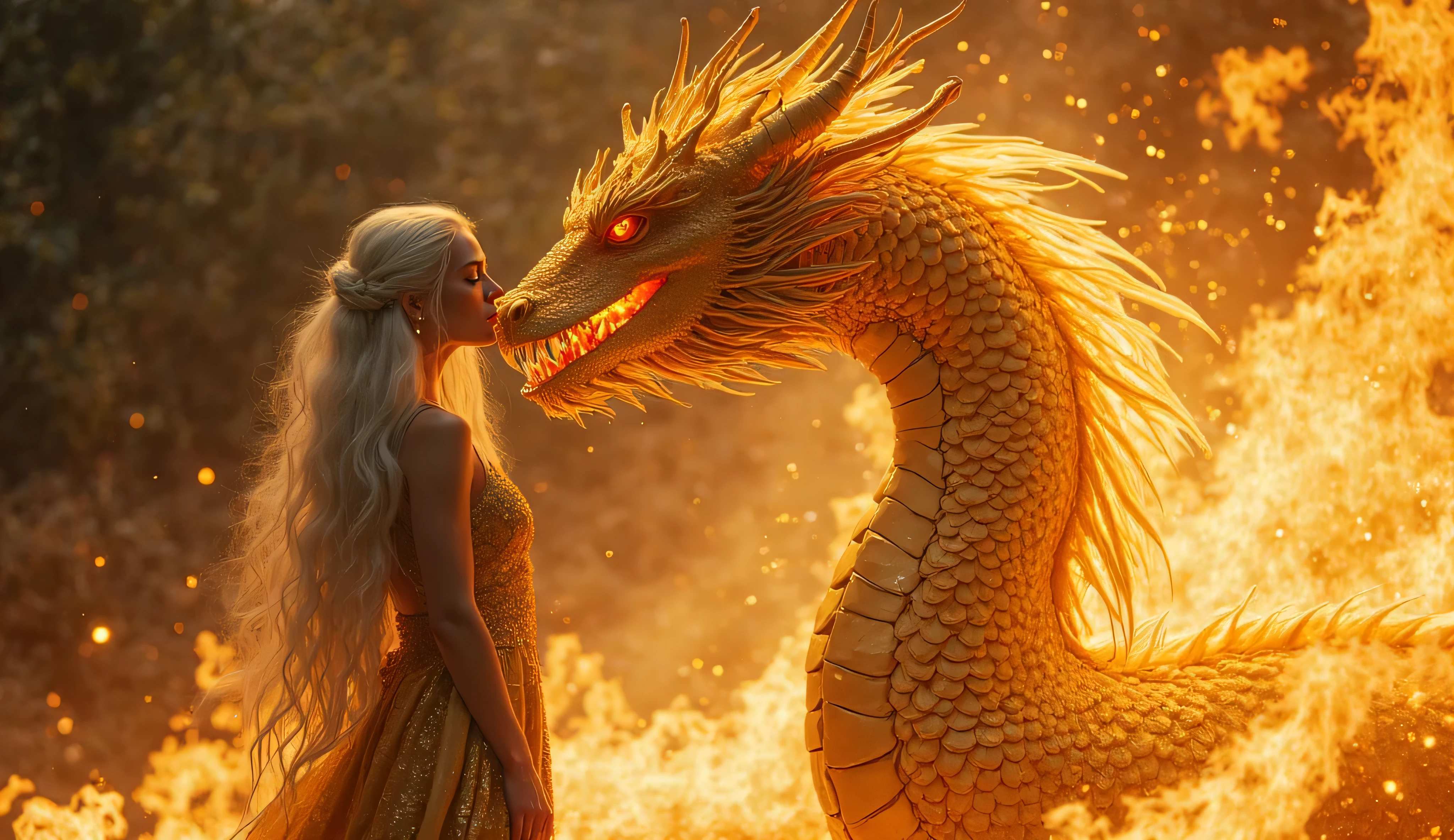 ((best quality)), ((masterpiece)), (detailed), Fat Targaryen woman in silver hair and red dress standing in front of a golden dragon Sunfyre from House of Dragons