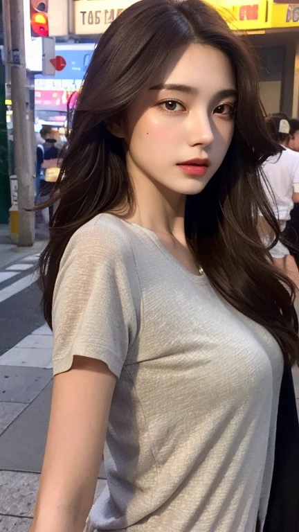 1 Girl,on the street,Soft Light,Chinese Beauty,Tight Fit,Dress,Dark-haired,Length of hair