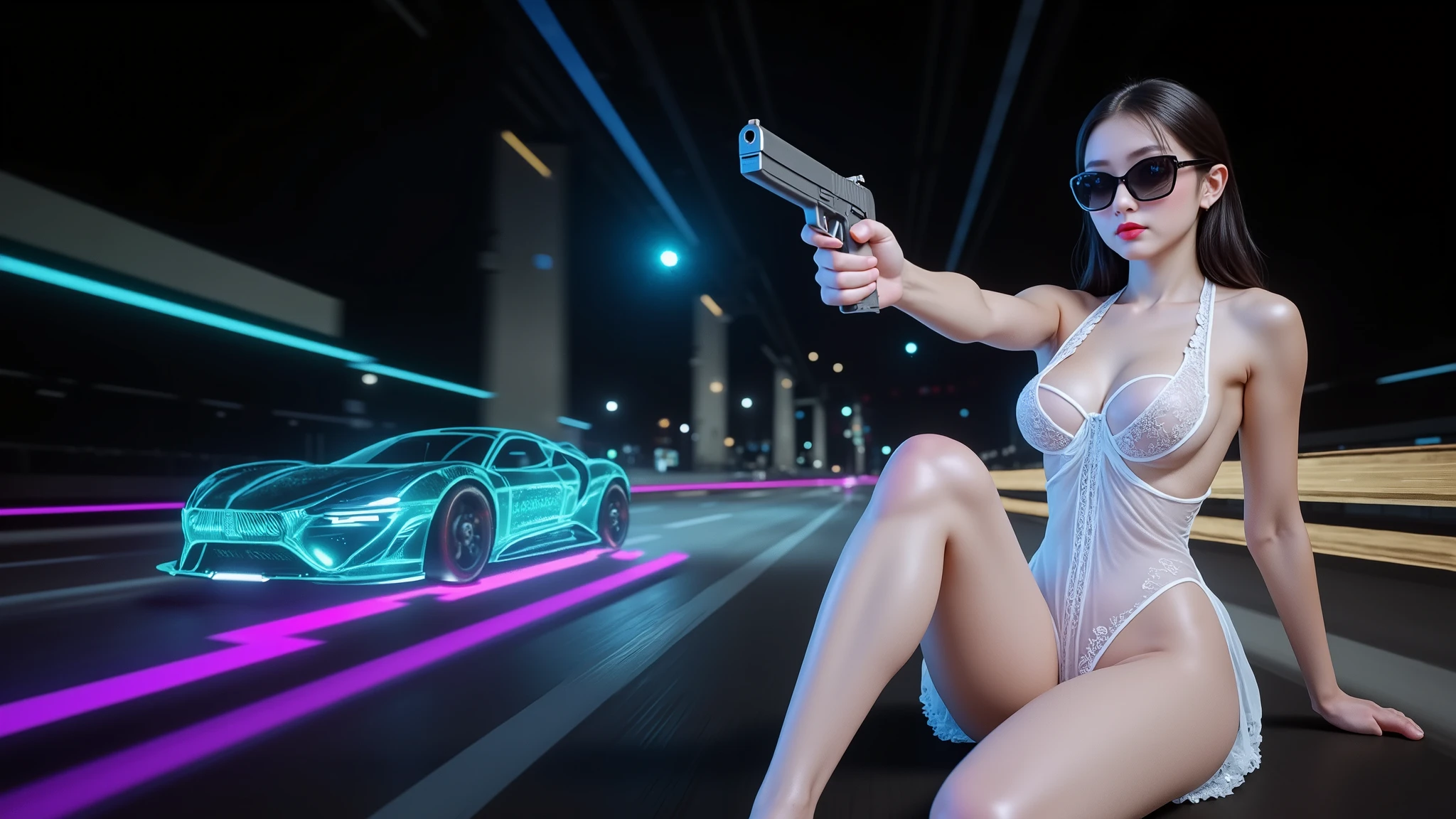 At night, dark sky, distant shot aerial view of fantasy cyberpunk style ice ((Moai-statue)) city, ((flying car)). ((1girl, solo, alone)), medium-breast:1.1 slim body, cleavage, sexy clothes, (headphone, black sunglasses, long black realistic hair), (((hip-up standing and holding pistol))), half-body thigh level medium shot, cinematic lighting.