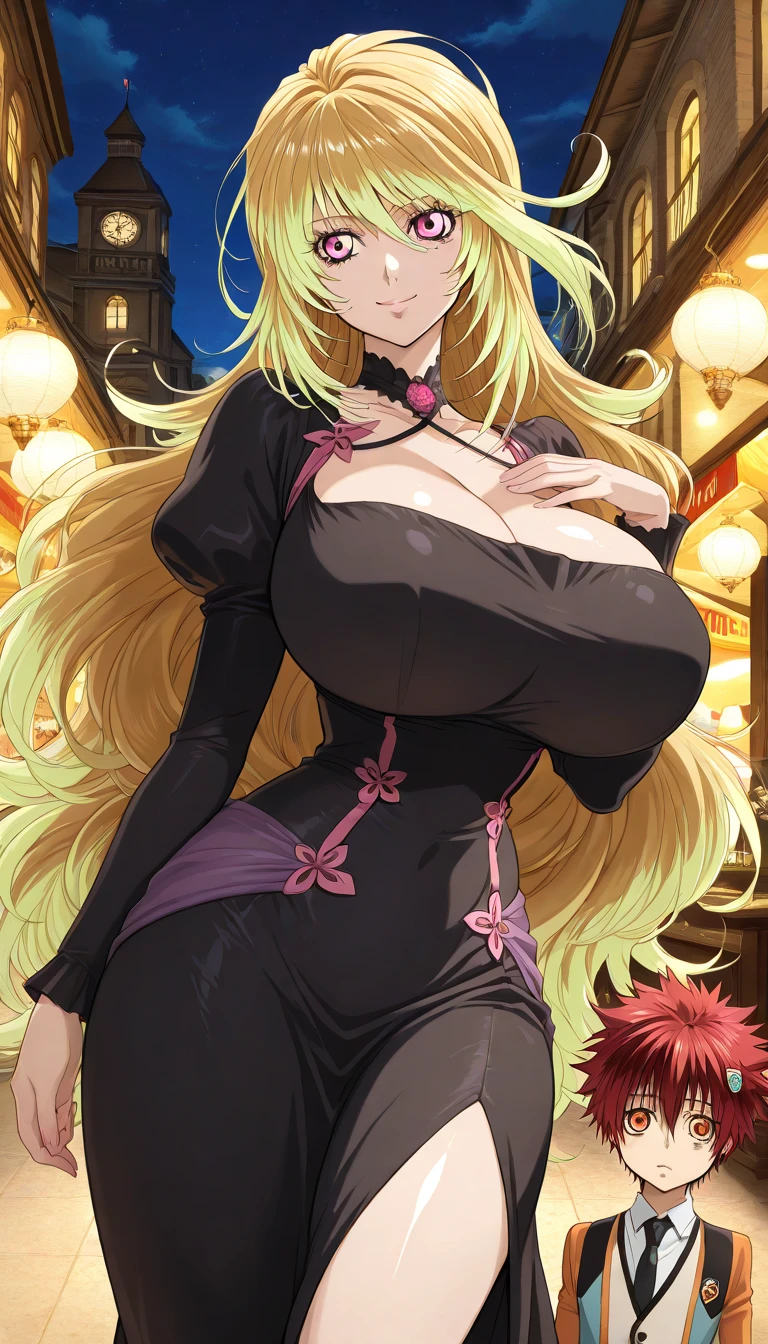 masterpiece, best quality, ultra detailed, illustration, 1 woman, blonde hair, long hair, huge breasts, purple eyes, beautiful detailed eyes, delicate beautiful face, curvy, black priest clothes, smile, arms behind head