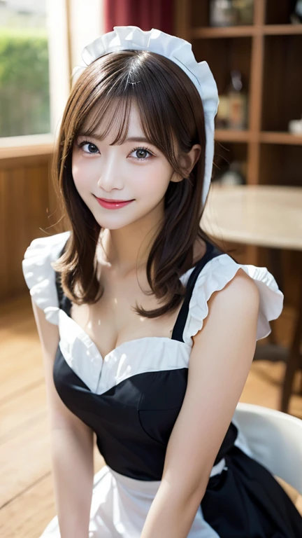 whole body, highest quality, shape, Very detailed, In detail, High resolution, 8k wallpaper, Perfect dynamic composition, Beautiful details, Pink maid outfit,Medium Hair, Center of chest, Natural color lip, Random sexy poses,smile,maid Cafe,Small headband,