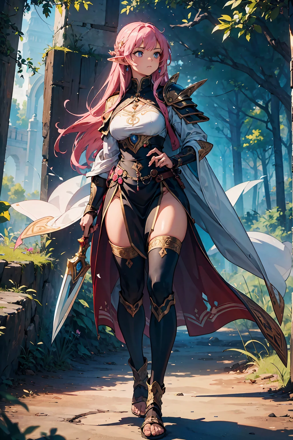 Masterpiece, 1girl, armor, bikini armor, boots, breasts, castle, cleavage, closed mouth, day, flower, full body, green eyes, perfect breasts, long hair, looking at viewer, midriff, navel, outdoors, pauldrons, pelvic curtain, pink hair, shoulder armor, sky, smile, solo, standing, tree, unarmed, Granblue Fantasy style