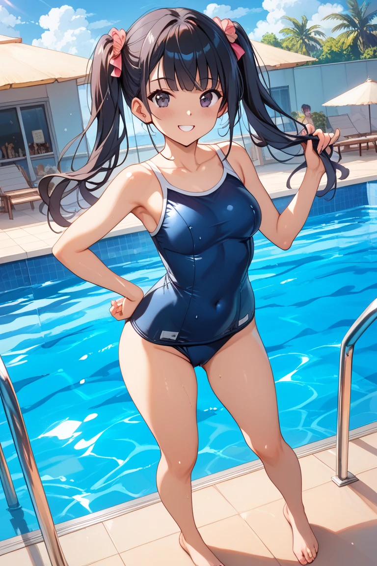 ((2D beautiful girl、top-quality:1.1、Perfect fingers:1.1、perfect anatomia:1.1、extremely delicate and beautiful))、cute petit girl、(transform sequence)、((Beautifully decorated one-piece swimsuit))、ers old、Lori、Chiquita、Fractal Art、babye、((sht long hair))、Beautiful big drooping eyes、Slender and beautiful legs、Show your teeth and give your best smile、(Full body depiction)、(1 persons)、Poolside with blue sky、Horizontal angle