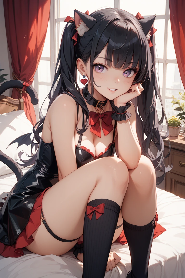 vampire girl, long black hair, wet trasparent thin lingerie, on bed, excited