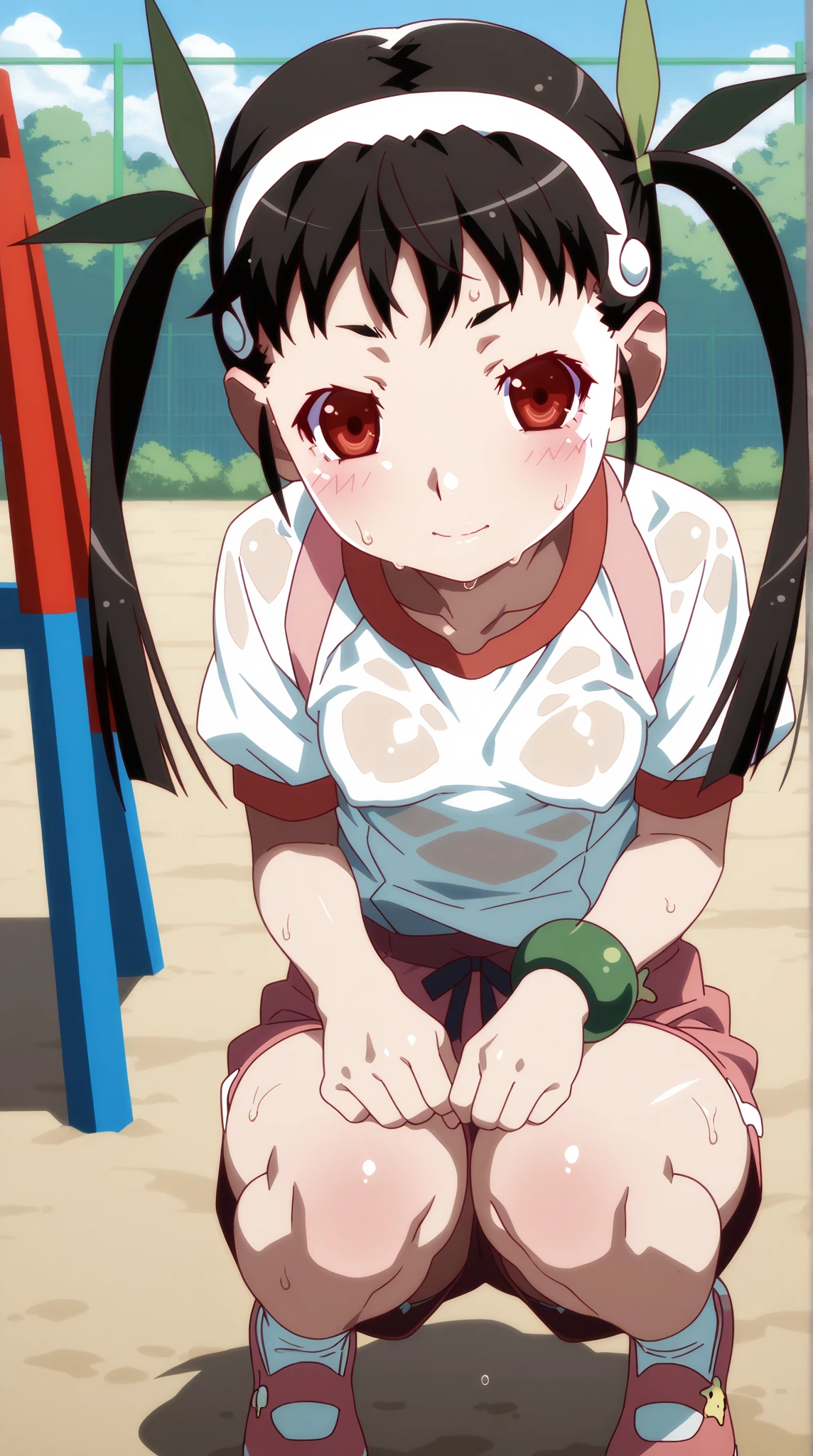 masterpiece, best quality, highres, wariza, sitting, grass, garden, chl1, 1girl, braided_ponytail, (ahoge:1.1), dress, , white dress, collared dress, collarbone, eyelashes, short sleeves, neck tassel, hand_between_legs, from above, downblouse, wariza,bareankle barefeet baresole baretoes foot feet toes sole dirty dirt