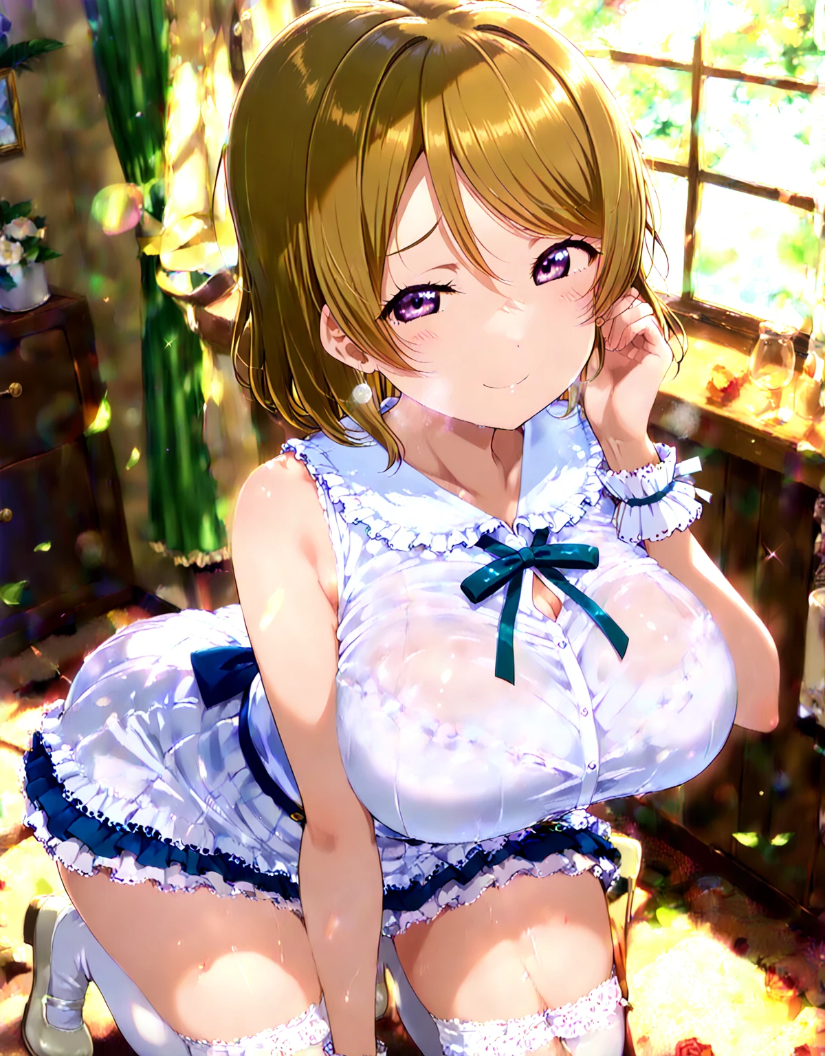 anime, (masterpiece), (Highest quality), (Very detailed), (best shape), (Best Shadow), (Absurd), (Detailed Background), (so beautiful), Shiny, Beautiful eyes in every detail, Extraordinary, Countershading, Detailed soft lighting, an exquisite animation shape, 8k, 32K, High resolution, unity 8k wallpaper, shape, anime style, Perfect lighting, Extremely detailed CG, Sakuragi Hand, dress, Idol, blush, Embarrassing, A kind smile, bikini, (nsfw:1.4), Accidental exposure,