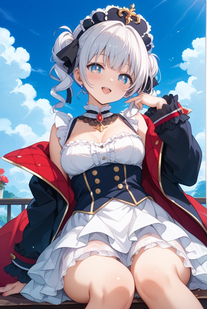 Anime girl in red and white dress holds a red rose., Kuchart Krenz Key Art Feminine, splash anime art , , to dress, Cute anime waifu in pretty outfits, Ayaka Genshin Impact, Azure Lane Style, From the video game Azur Lane, official artwork, Clear and crisp RPG visuals, official art, big breasts, realistically, girl