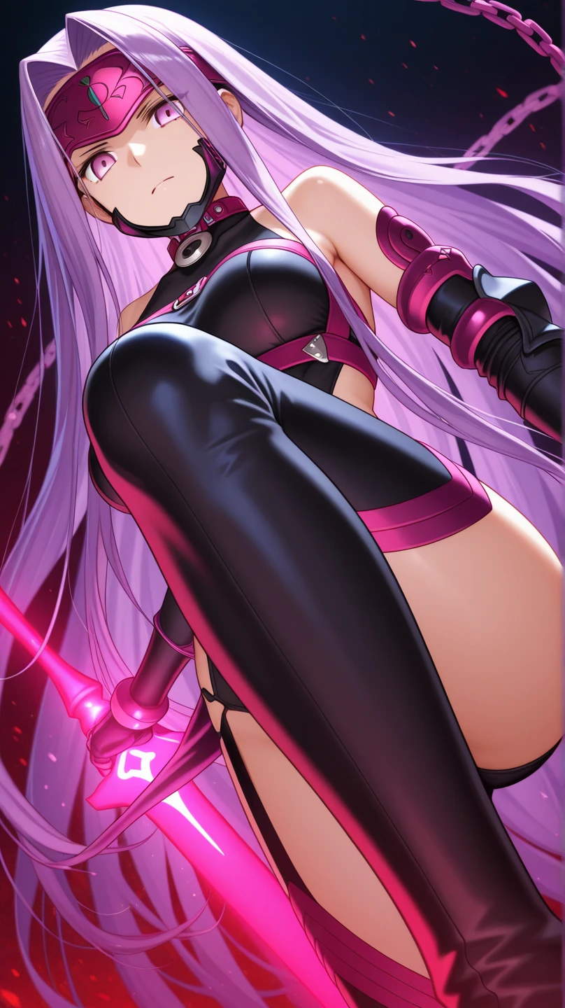 best quality, super fine, 16k, incredibly absurdres, extremely detailed, delicate, flashy and dynamic depiction, beautiful cute girl, sparkling light blue big round eyes, happy, shy, smile, pink twin tails, thin flat body line, slender proportion, wearing pink and white horizontal striped knee-high socks, pink, white and black crop top, black micro bikini pants, red enamel long boots, cute pose, floating in the air, background iridescent aura-effect