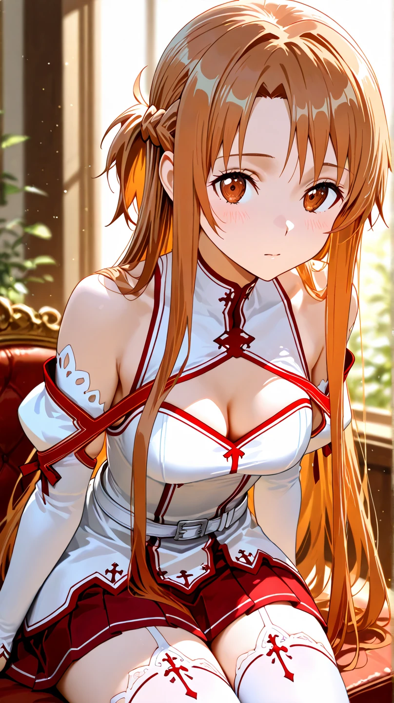 {asuna yuuki(sword art online)}, 1girl, masterpiece、cleavage, top-quality、NSFW, fullnude、{{ex toy, , {lovejuice}, {roach in }, white panties, lifting skirt