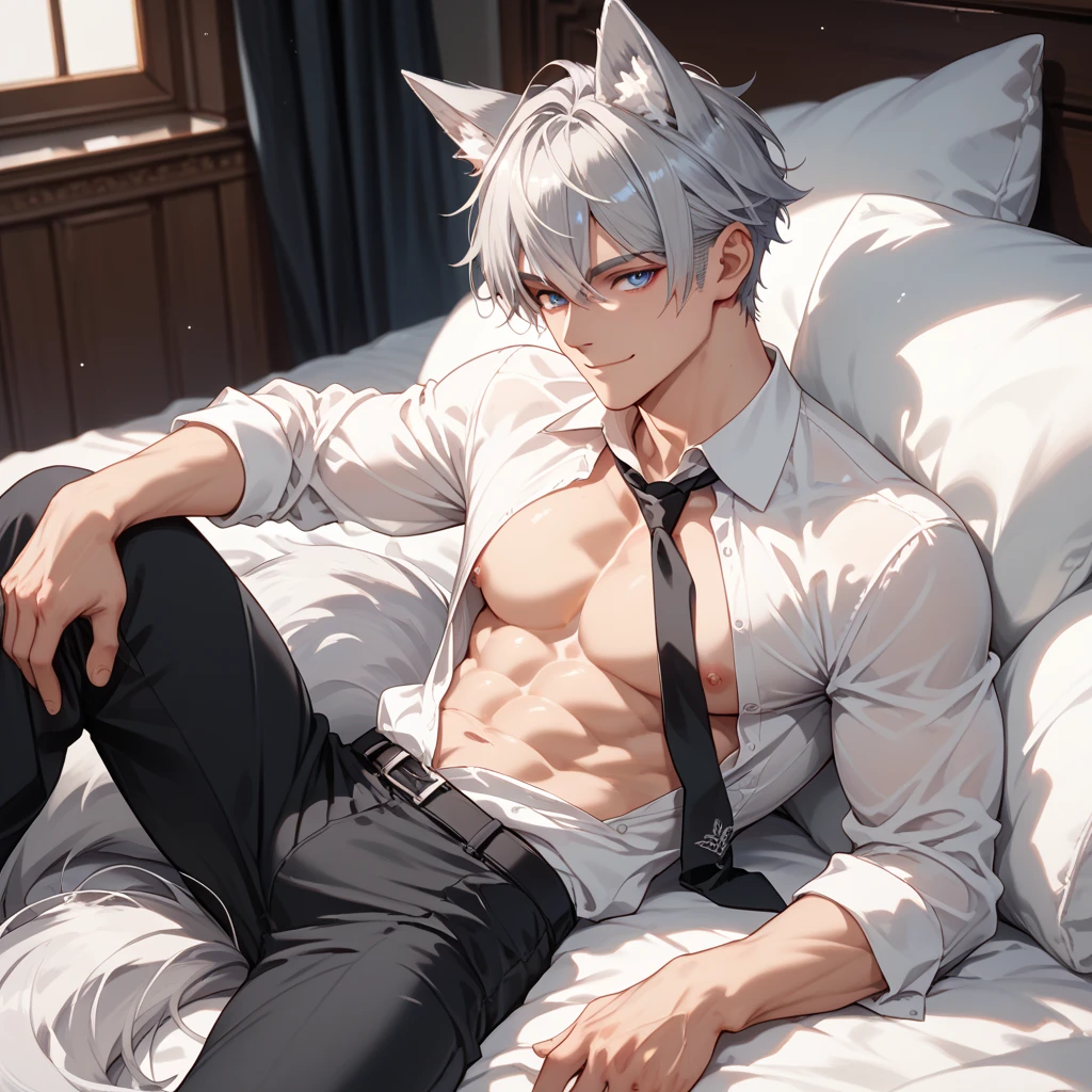 Beautiful anime,handsome guy,muscle,abdominal muscles,sports student,on the bed,(Foot fetish),open clothes,collar,wolf ears,露出muscle,Handsome,handsome guy,blushing,Silver-gray hair,(Unfastened pants),Take his pants off,Huge protrusions,and(Covered in sweat),for the audience,Look at me,Pull down your pants with your hands,wolf ears,脖子上戴着collar,male,性欲male,Let him wear no clothes,
