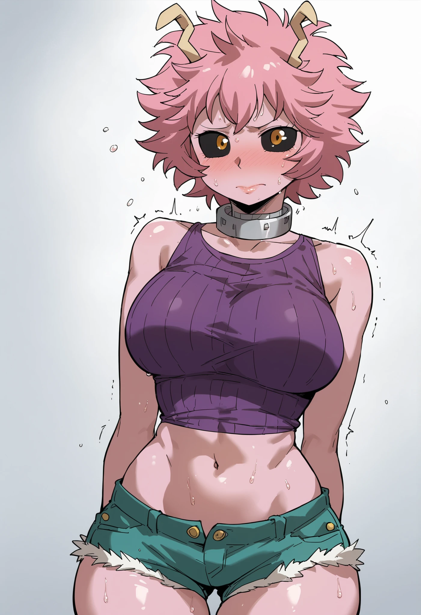 score_9, score_8_up, score_7_up, score_6_up, score_5_up, score_4_up, masterpiece, high quality, BREAK, standing, BREAK, 1girl, minaashido, 1girl,, white background, empty background, looking at viewer, nose blush, shiny legs, shiny body, shiny hair, clear skin, clear body, sweat, sweaty, sweaty:1.3,, solo, thick thigh, thick thighs, embarrassed expression,, lips trembling, tight long-sleeve ribbed top showing large chest, metallic choker on neck, exposed toned midriff, short athletic shorts with white trim and drawstring, thick thighs, soft glossy skin, detailed shading, cowboy shot, nice legs, alternate costume, LARGE BREASTS, POSING, TIGHT CLOTHES