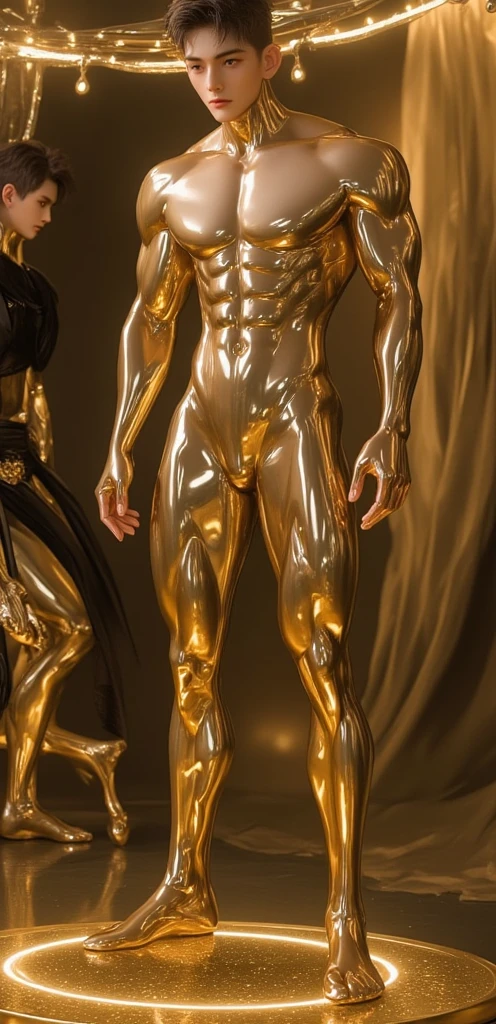 (masculine, man) (just one model) (android) (blonde hair that reaches to the heels) (Blue eyes) (Slim and toned body) (She wears a tight brown bodysuit with gold details.) (laboratory background) (holding a bird in his hands) (very long hair that reaches to the heels) (man android con pájaros alrededor) (sitting with birds around)