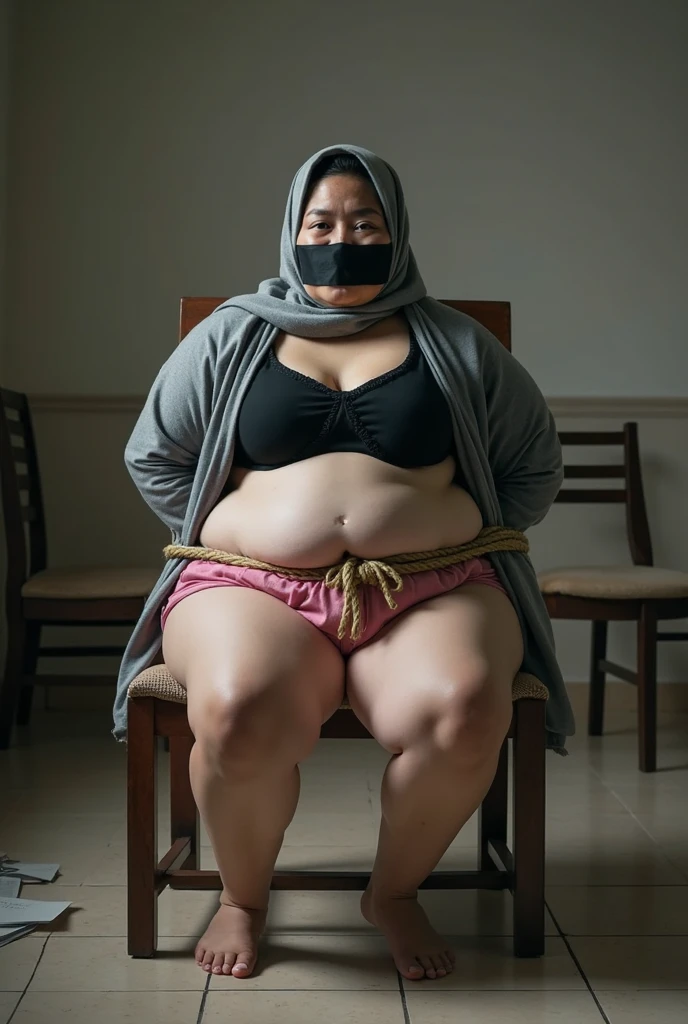 (64k, RAW photo, masterpiecel1.4, realistic, photo-realistic, best quality, HDR, (( lighting)), ((abandoned house)), ((knee down)), ((front behind view up)), ((1 beautiful malay girl)), ((smirk)), ((seductive poses)), ((chubby body)) , photo of a malay girl pink tudung hijab, details skin texture, bright skin, big gorgeous eyes, double eyelids, perfect eye, ((huge-breasted), ((soft face)), ((naked)), ((hands are tied behind back tiedd with rope)), ((bondage with rope))
